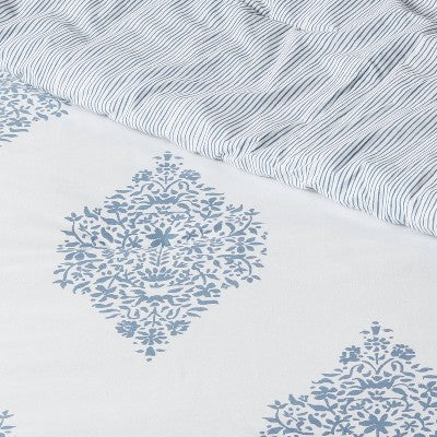  Reversible Medallion Family-Friendly Comforter & Sham Set White/Blue - Threshold™