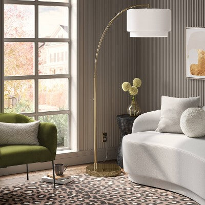  Knurled Metal Arc Floor Lamp With Tiered Shade Brass - Threshold™